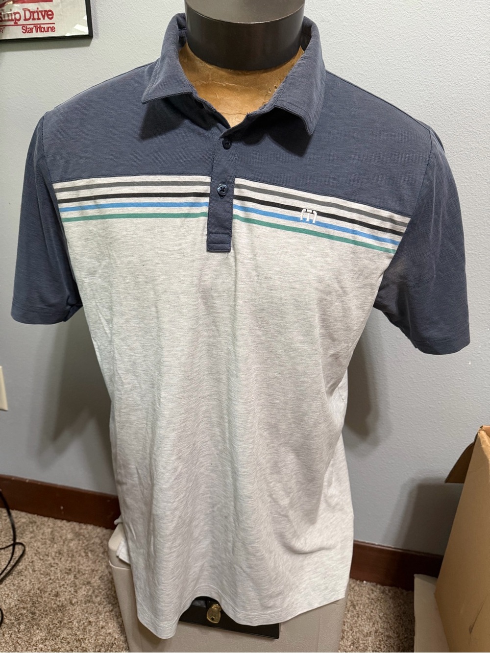 Travis Mathew Men's Two-Tone Navy and Light Gray Striped Polo Shirt
